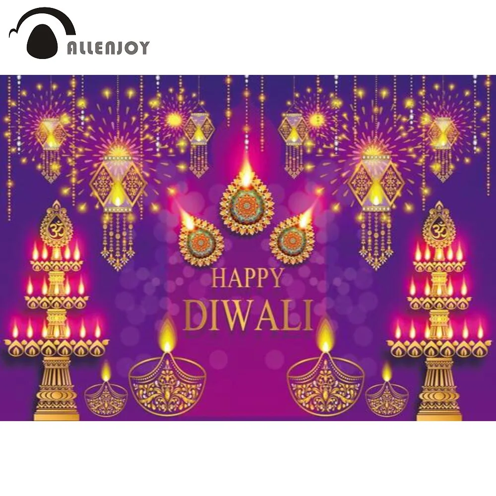 Allenjoy Happy Diwali Purple and Gold Backdrop Jewish Holy Holiday Festival Party Candelabra Candle Decor Banner Background