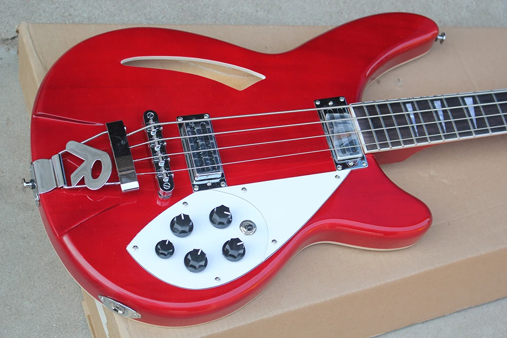 4 Strings Red Semi-hollow Electric Bass with Rosewood Fretboard,Providing Customized Service