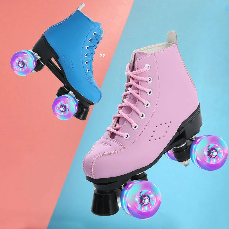 

2020 New Microfiber Leather Roller Skates Man Woman Outdoor Skating Shoes 4-Wheel Patines Blue Pink 34-44 Europe Size