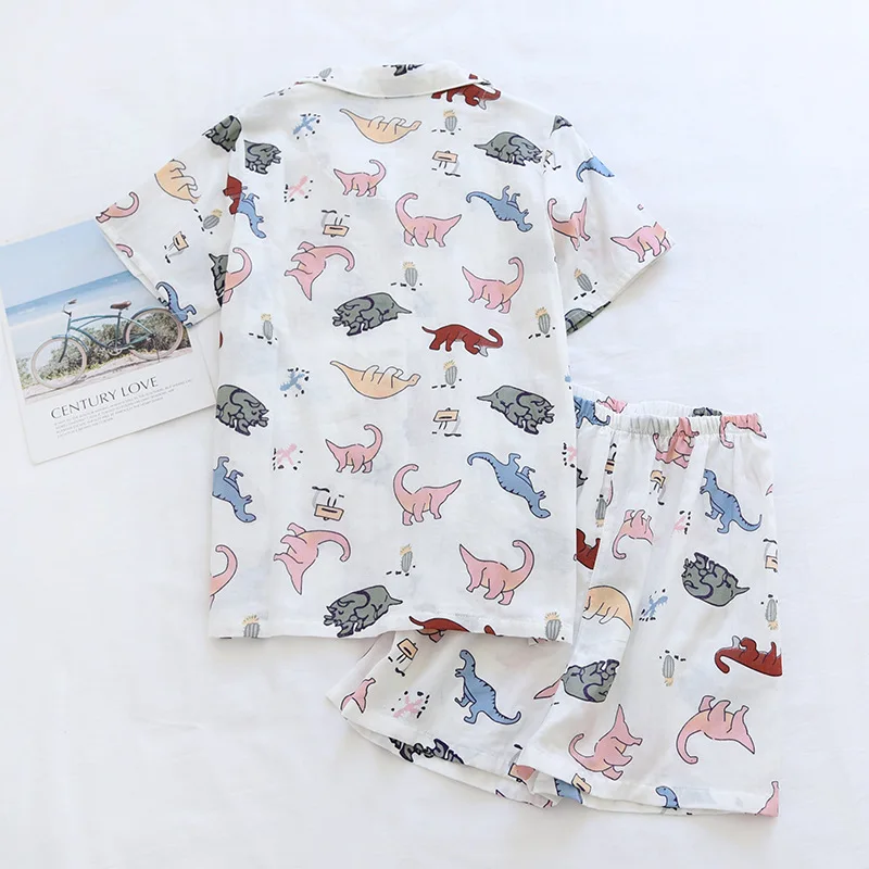 100% Cotton Gauze Short Sleeve Shorts Couples Pajamas Dinosaur Print Pijama Mujer Summer Loungewear Women Sleepwear Home Clothes