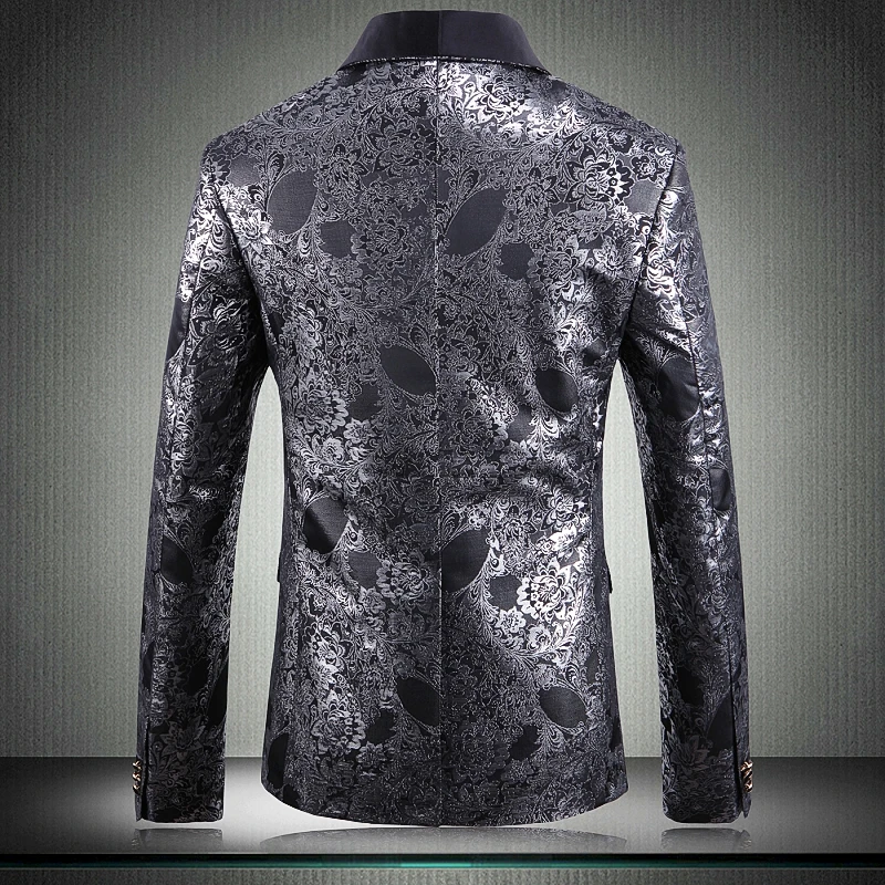 Classic Mens Blazers Luxury Royal Silver Jacquard Wedding Male Blazer Fashion Slim Single Breasted Prom Blazers Men   5xl