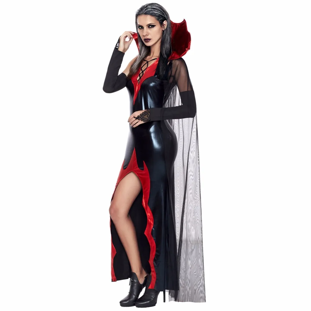 Trajes de halloween para adultos traje de vampiro cosplay pu sexy alta divisão vestidos longos