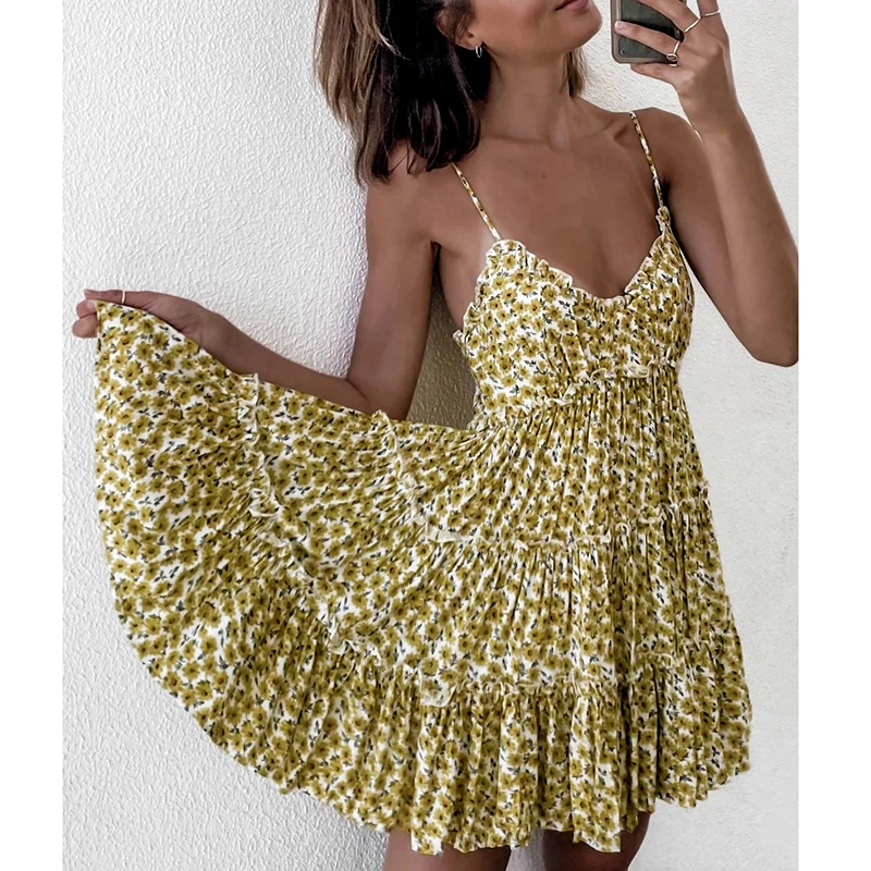 Ardm Sexy Floral Print женское платье Sleeveless Spaghetti Strap Summer Mini Dress A-Line Ruffled Backless Vintage Beach Vestido