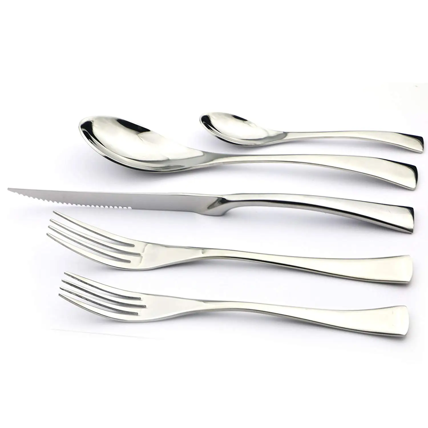 JANKNG 5-Pcs Silver Flatware Set 18/10 Stainless Steel Gold Dinnerware Serrated Knife Fork Spoon Cutlery Food Tableware Dropship