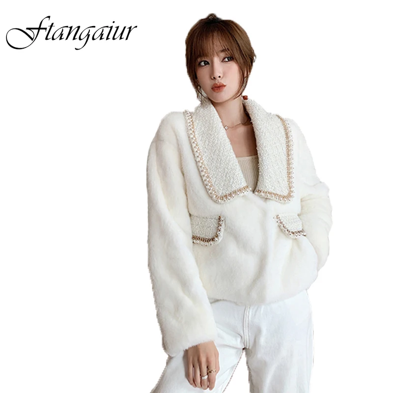 

Ftangaiur Winter Import Mink Fur Coat Full Sleeve Women Pockets Short Slim Turn-Down Collar Natural Real Mink Fur Coats