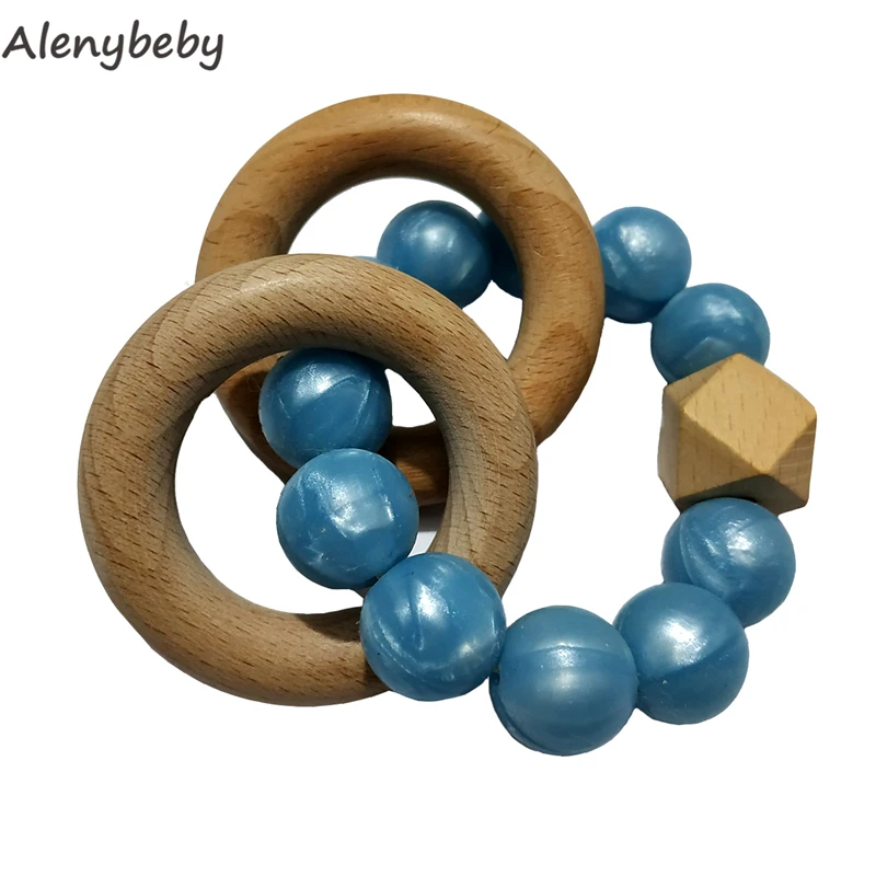 

Baby Teether Bracelet Food Grade Silicone Teether Beech Wooden Teether Ring Nursing Safe Organic Bangle Newborn Teether Toys