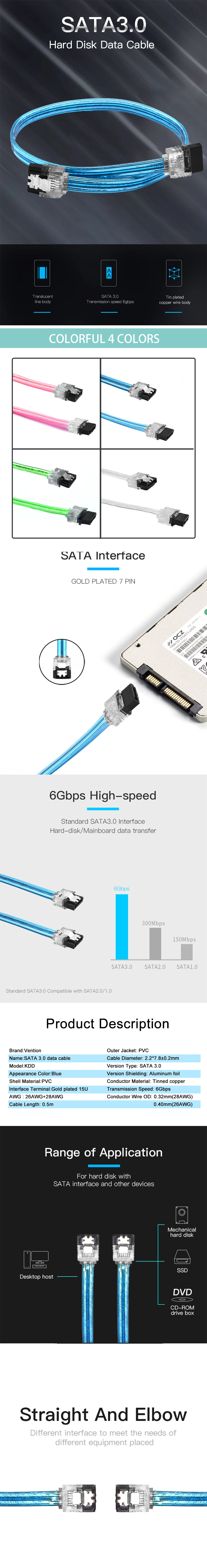 SATA 3.0 III 6Gb/s 10cm Festplatten-Datenkabel Serial ATA Gerades Kabel 26AWG für HDD SSD 7-Pin SATA-Kabel 10 CM – Detail 1