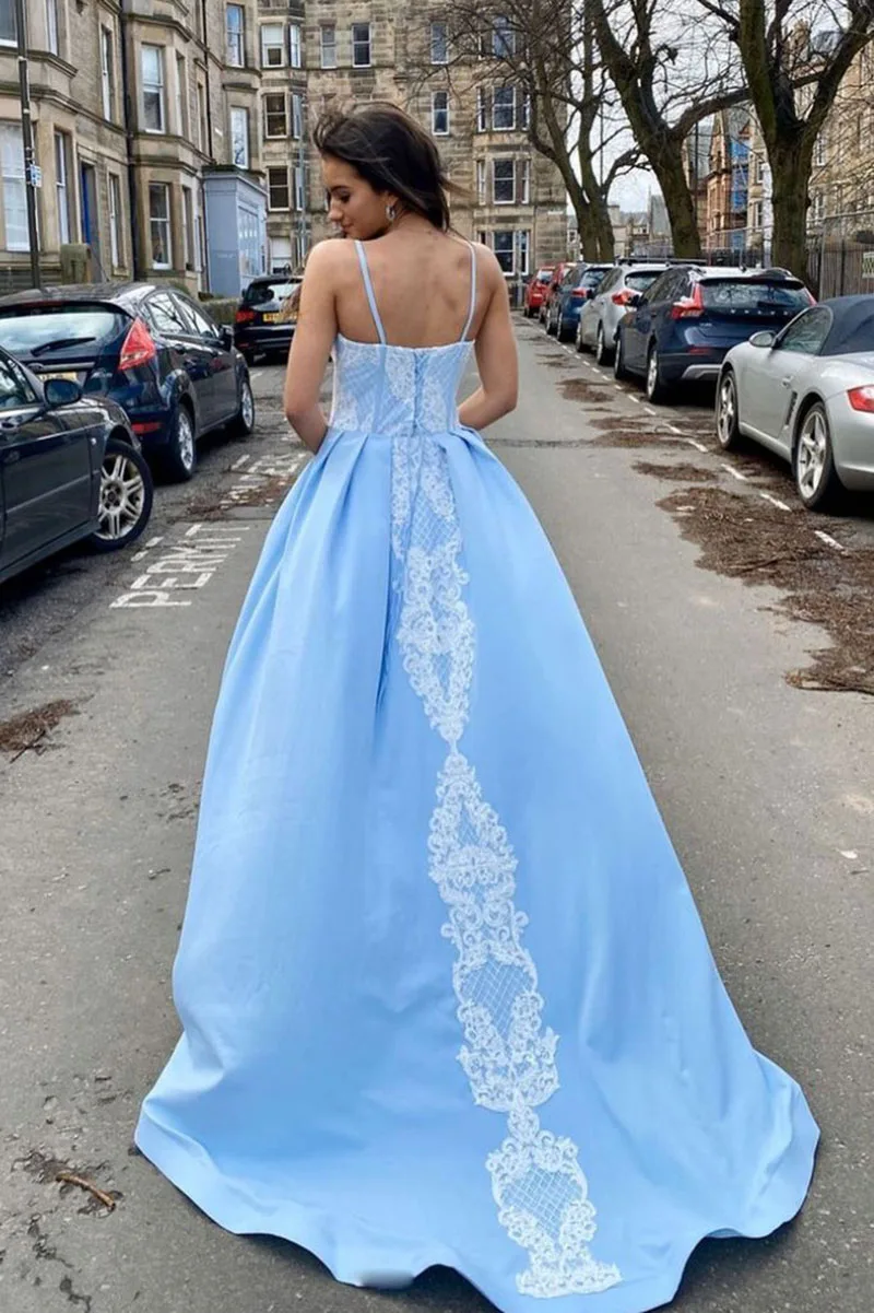 Sodigne Lady Sky Blue Satin Avondjurk Spaghettibandjes A-lijn Nieuwste 2022 Prom Dresses Night Lace Lange Partij Jassen