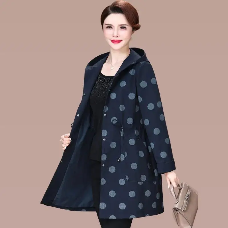 

2022 new Spring Autumn Windbreaker Women's Mid-Length Trench Coat Female Fashion Elegant 5XL Printing Hooded Overcoat