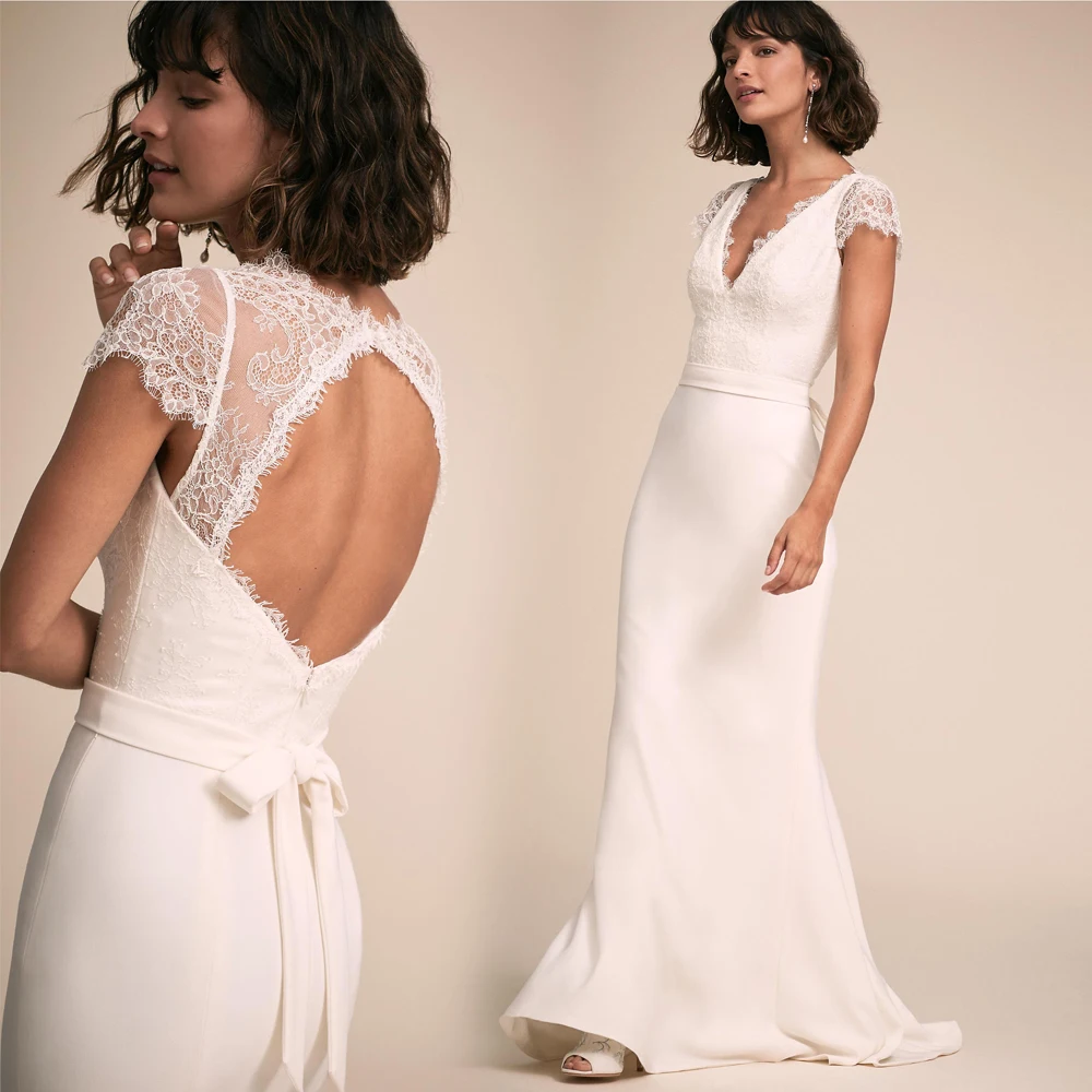 

Open Back Mermaid Long Wedding Dress 2021 Satin Short Sleeve Vestido De Noiva Top Lace Bohemian Bride Gowns