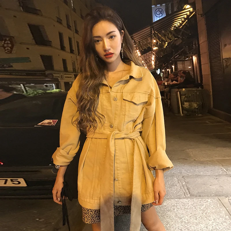 JSXDHK New Arrival High Street Autumn Winter Denim Coats Fashion Women Single Breasted Black Loose Jean Outerwear With Belt