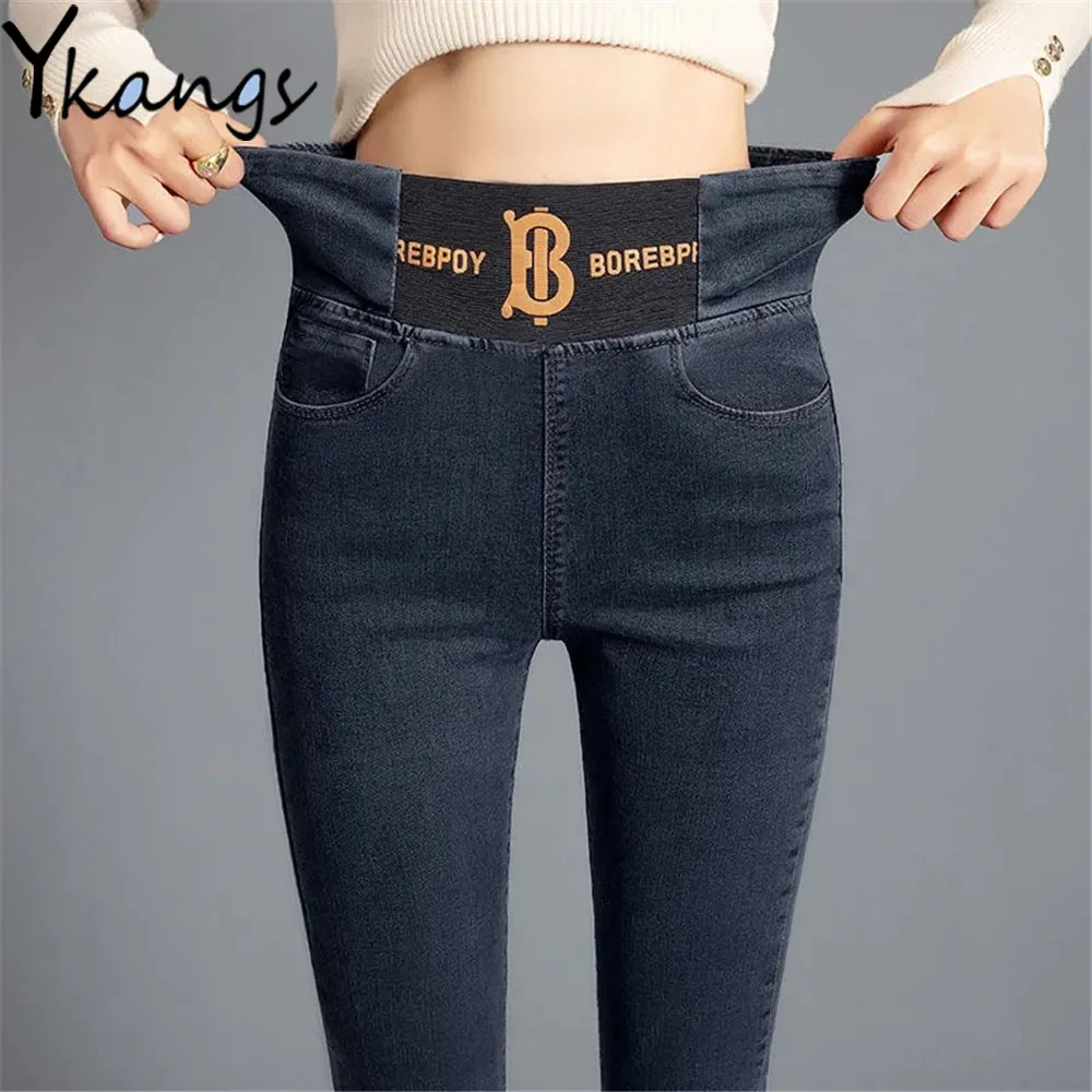 Plus Velvet Letter Print Elastic Band High Waist Skinny Pencil Jeans Stretchy Korean Mom Denim Pants Women Thicken Warm Trousers