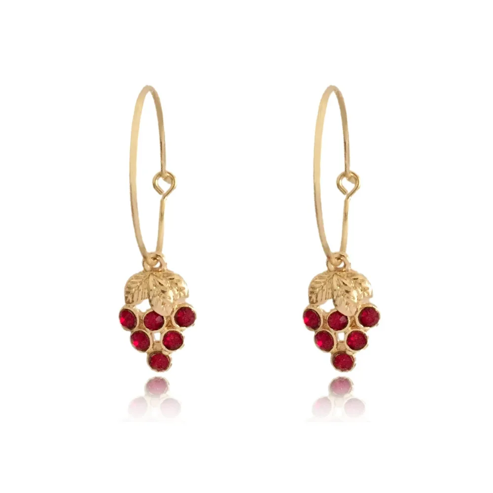 Cute Earrings Gold Color Hoop with Red Grape Shape Pendant Earrings for Girl Friend Best Gift