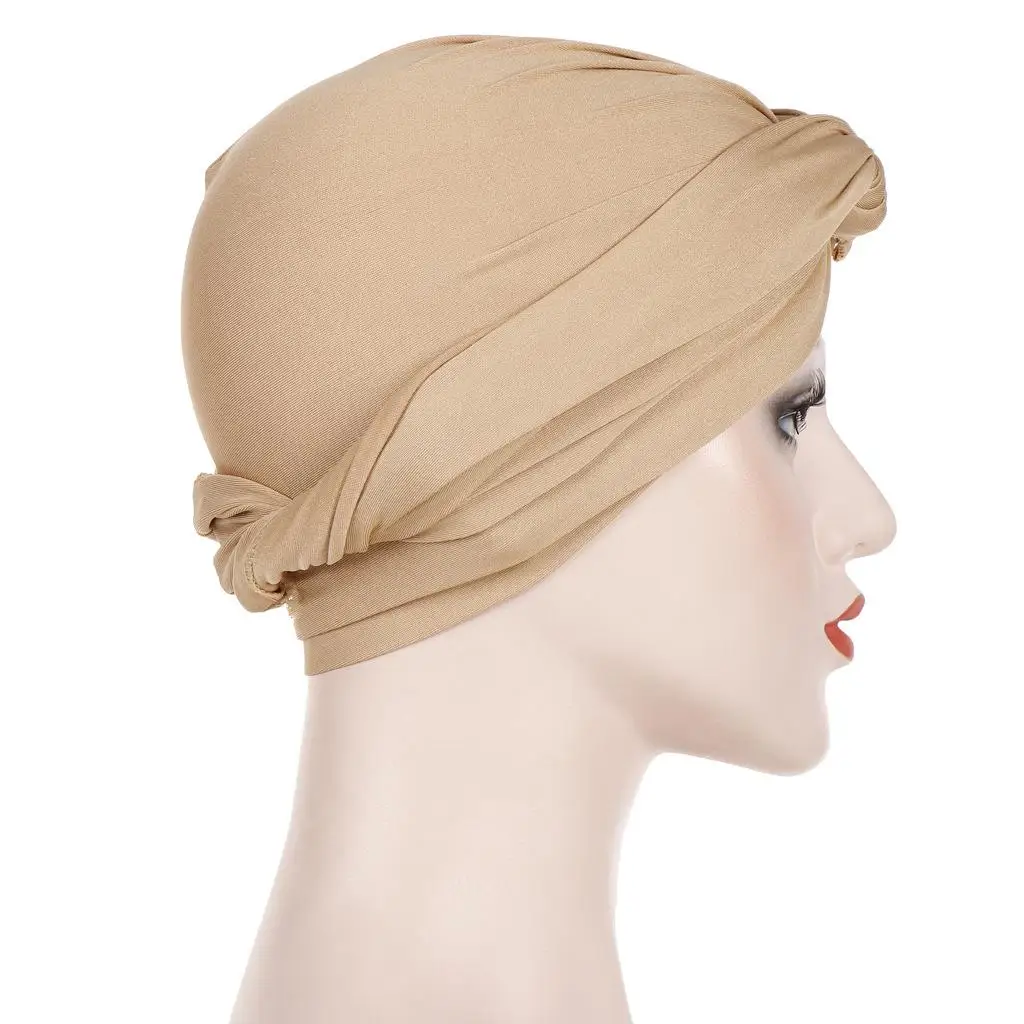 New Women Stretch Turban Muslim Hijab Scarf Head Wrap Hair Loss Chemo Cap Bonnet Hat Pleated Knot Islamic Headscarf Arab Fashion