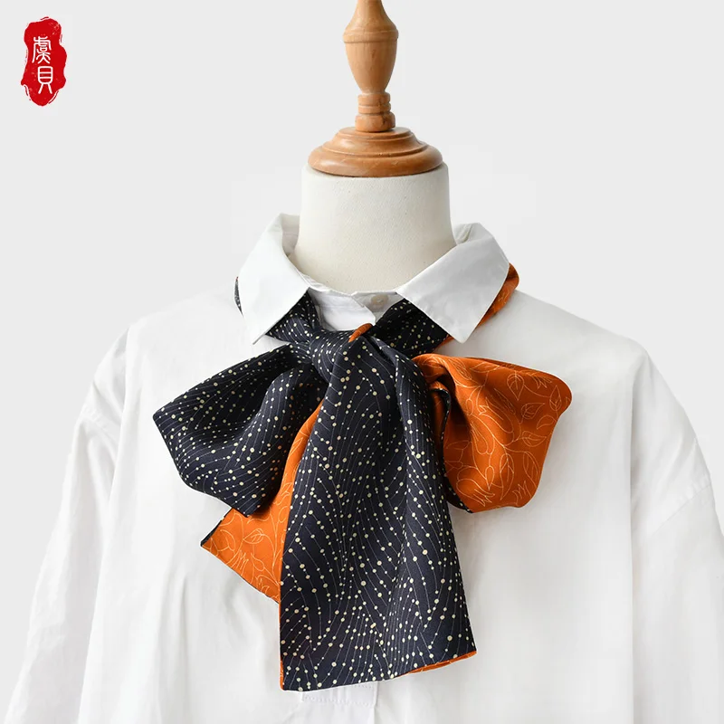 Black small starts 100%silk scarf fashion women scarves ribbon foulard design neckerchief headscarf bandana warp gift for girls