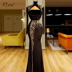 Elegant Black Velvet Mermaid Evening Dress Long Sleeve Luxury Crystal Dubai Muslim Formal Party Prom Dresses for Wedding