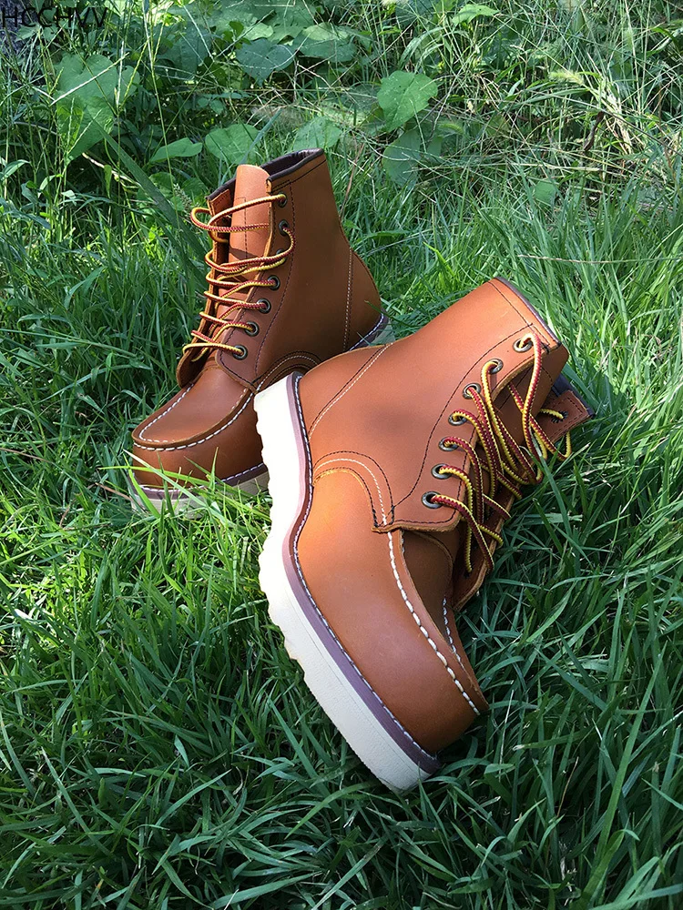 Handmade High Quality Fashion Genuine Leather Men Ankle Boots Outdoor Wings Motorcycle Boots Lace-up Work Men\'s Shoes Red Brown