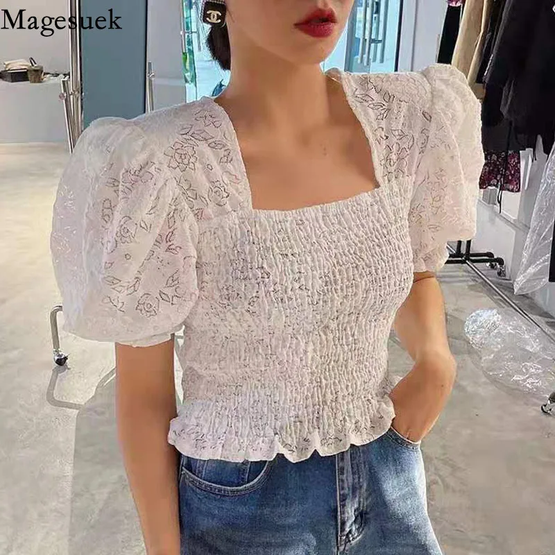 

Hollow Crochet Lace Blouse Summer Square Collar Short Sleeve Women's Shirt Waist Slim Loose Short Top Female Blusas Mujer 15648