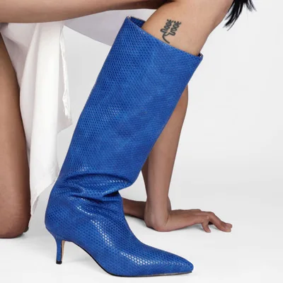 

2021 spring new stiletto mid-heel knee high boots fashion women's boots royal blue yellow booties large size women shoes 45