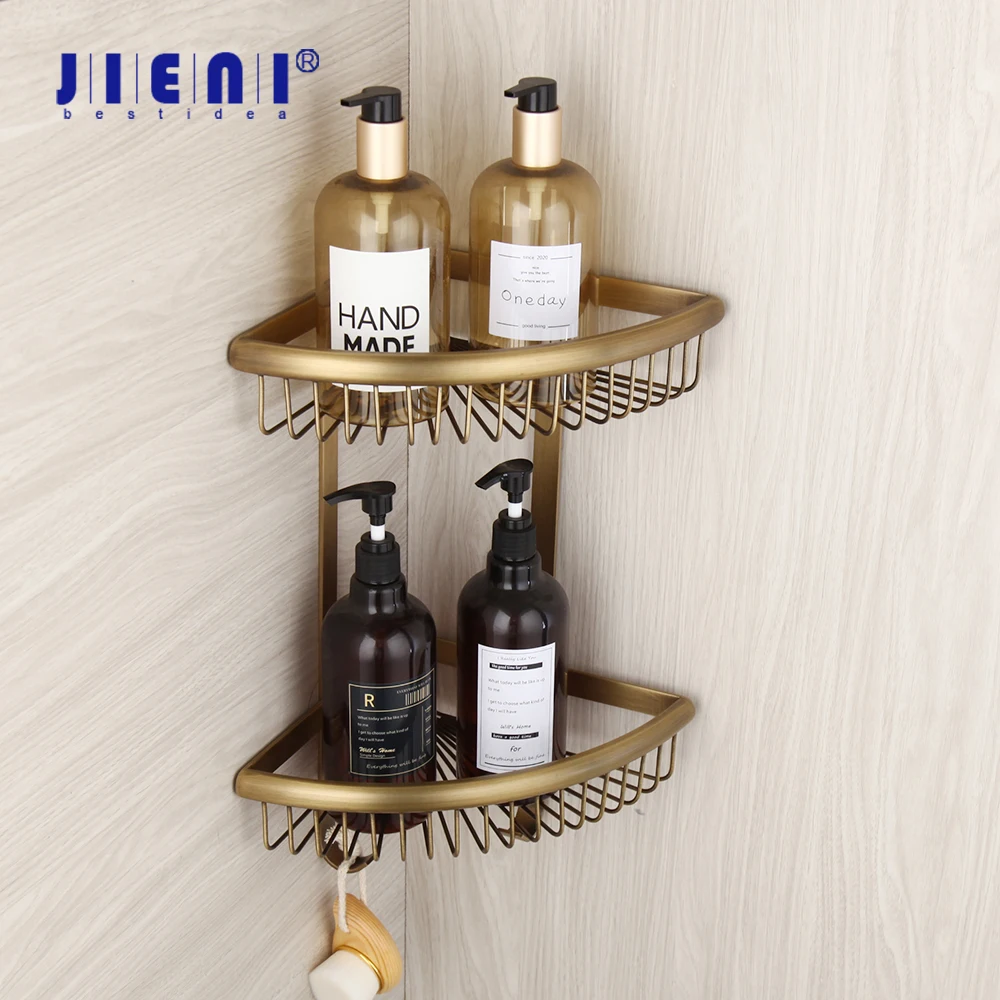 

JIENI Antique Brass 2 Tiers Kitchen Shelf 2 Hooks Set Pot Pan Hanger Deck Mount Bathroom Storage Organizer Cabinet Rack