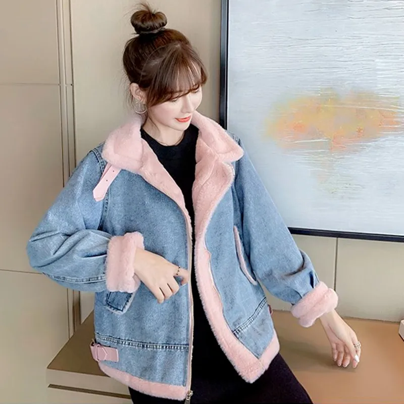 Plush Thicken Short Jeans Denim Jacket Female Autumn Winter Outwear New Korean Loose Lamb Plush warm Denim Coat Female Vintage