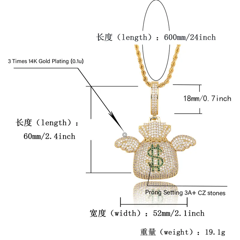 Hip Hop Iced Out CZ Stone Bling US Dollar Money Bag Flying Purse Pendants Necklace for Men Rapper Jewelry Gold Color