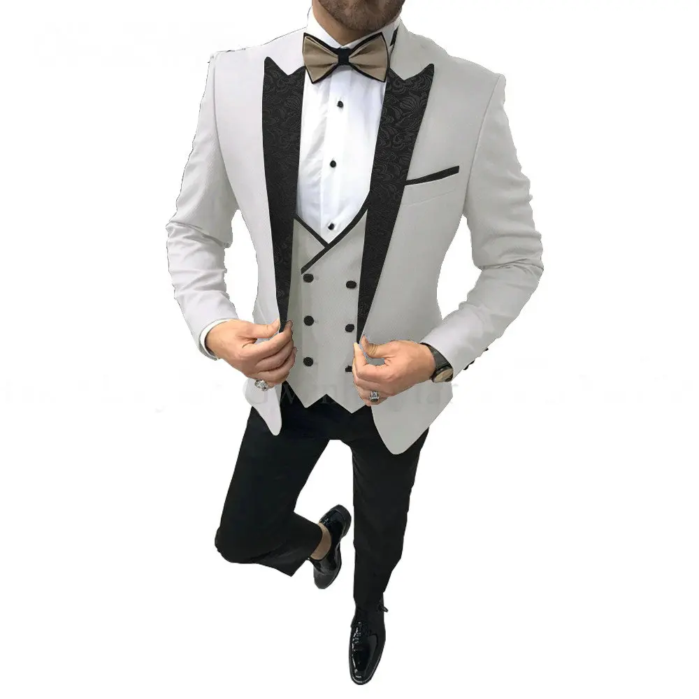 

2020 Groomsmen White Groom Tuxedos Peaked Black Floral Lapel Men Suits For Wedding Party Best Man 3 Pieces ( Jacket+Pants+Vest )