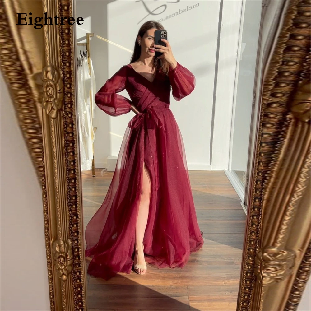 Eightree-vestido de casamento com fenda lateral, brilhante, brilho, vinho tinto, mangas compridas, vestidos de baile brilhantes, vestidos de noite formais, linha A, 2022