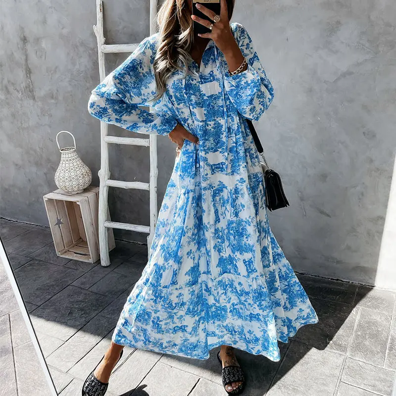 

Floral Print Midi Dresses Woman Summer Nice Casual Ruffle Long Sleeve V Neck Lace Up Patchwork Women Dress Loose Fashion Boho