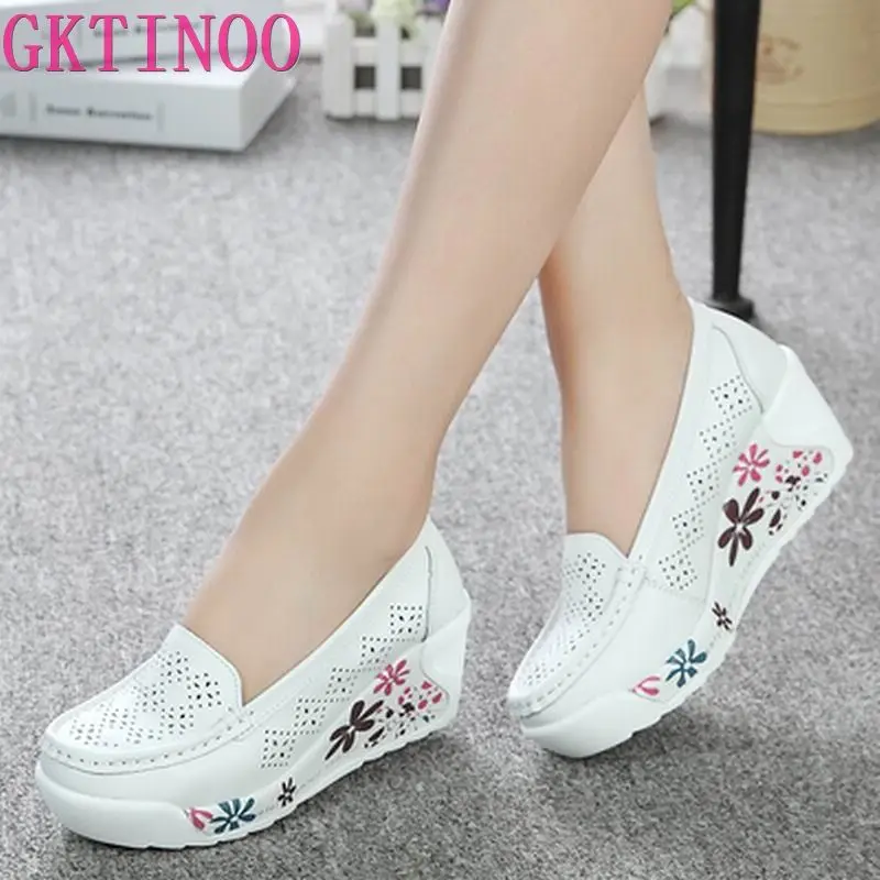 GKTINOO New Women\'s Genuine Leather Platform Shoes Wedges White Lady Casual Shoes Swing Mother Shoes Size 35-40