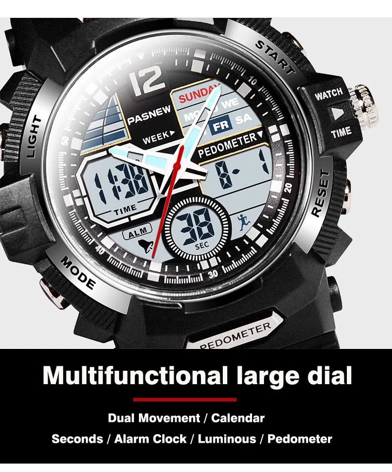 PASNEW-Reloj deportivo para hombre, pulsera de cuarzo Digital analógica de doble pantalla, resistente al agua, 50