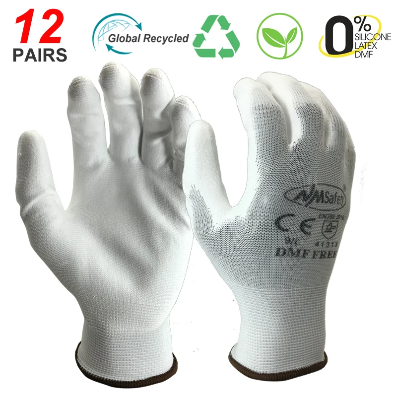 NMSafety 12 Pairs Knitted Nylon Coated PU Rubber Palm Electric Safety Protective Anti-static White Cotton Work Gloves