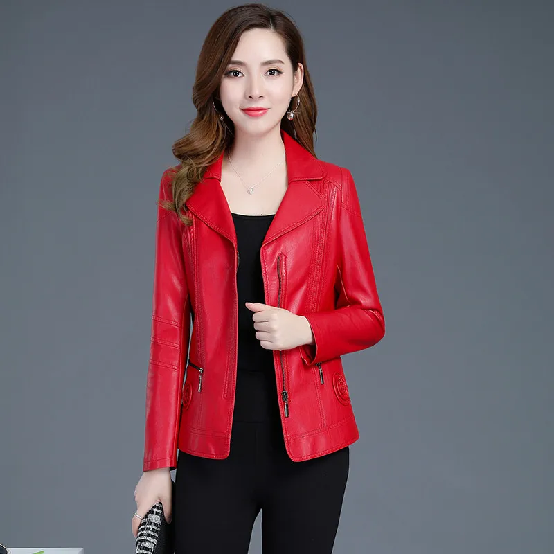 Women Clothing L-6XL Autumn Winter Middle Aged Women\'s PU Leather Jacket Coat Ladies Faux Leather Jacket Red Biker Jacket