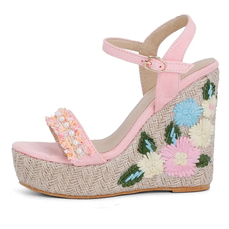 Sgesvier Platform Super High Heel Sandals Woman Shoes Espadrille Wedges Heel Sandals Flower Buckle Ladies Footwear Green Size 48