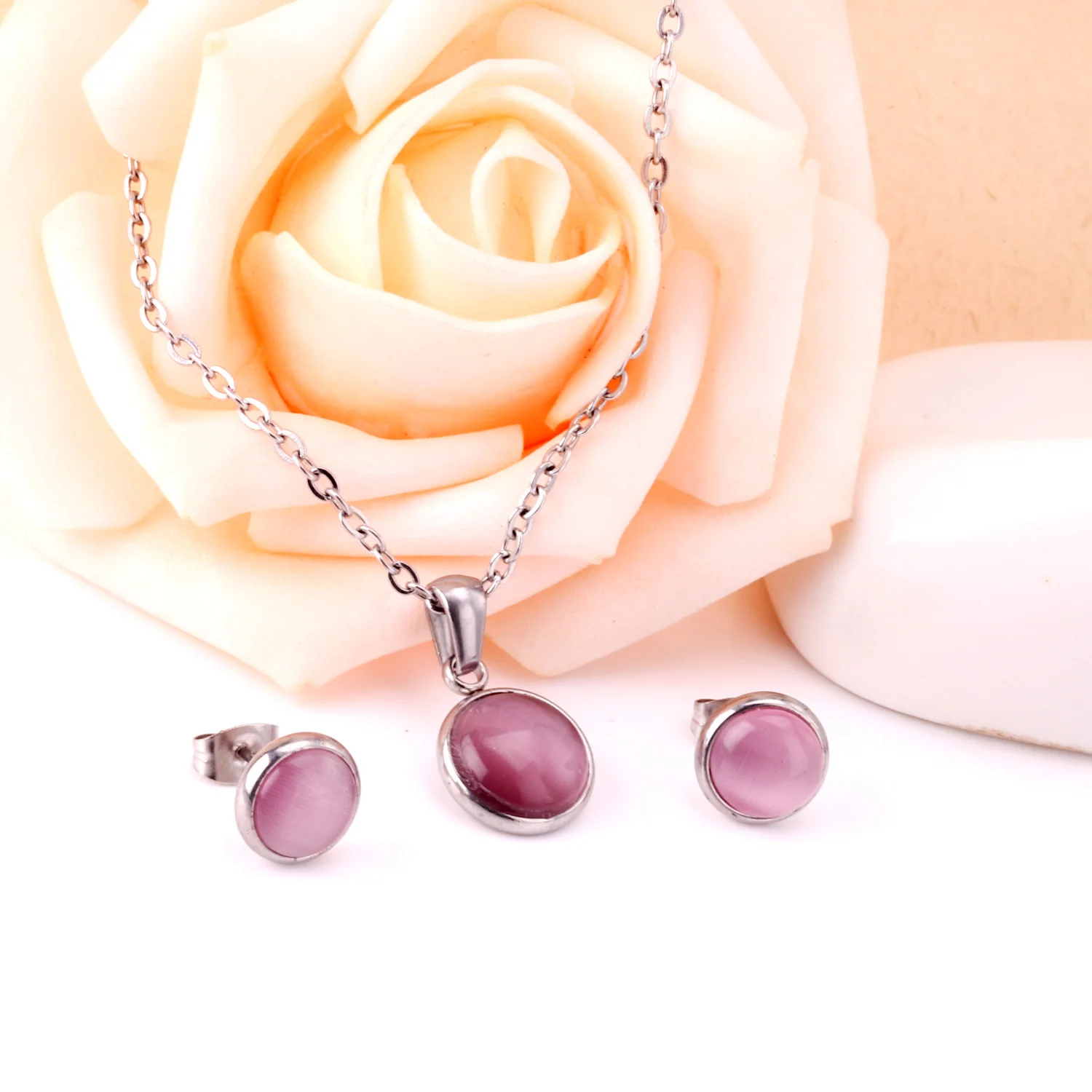 LUXUKISSKIDS Exquisite Round Opal Shell Dubai Jewelry Sets Wedding Bridal Luxury Pendant Necklace Earings Set Fashion Pink Stone