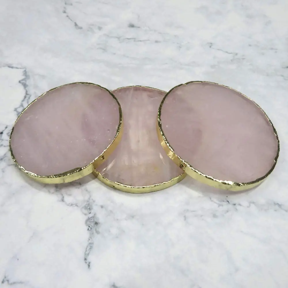 Natural Crystal Stone Cup Mat, 3PCS Small Drink Coasters with Gold Brass Edge, Coffee Table Party Decor (Pink)