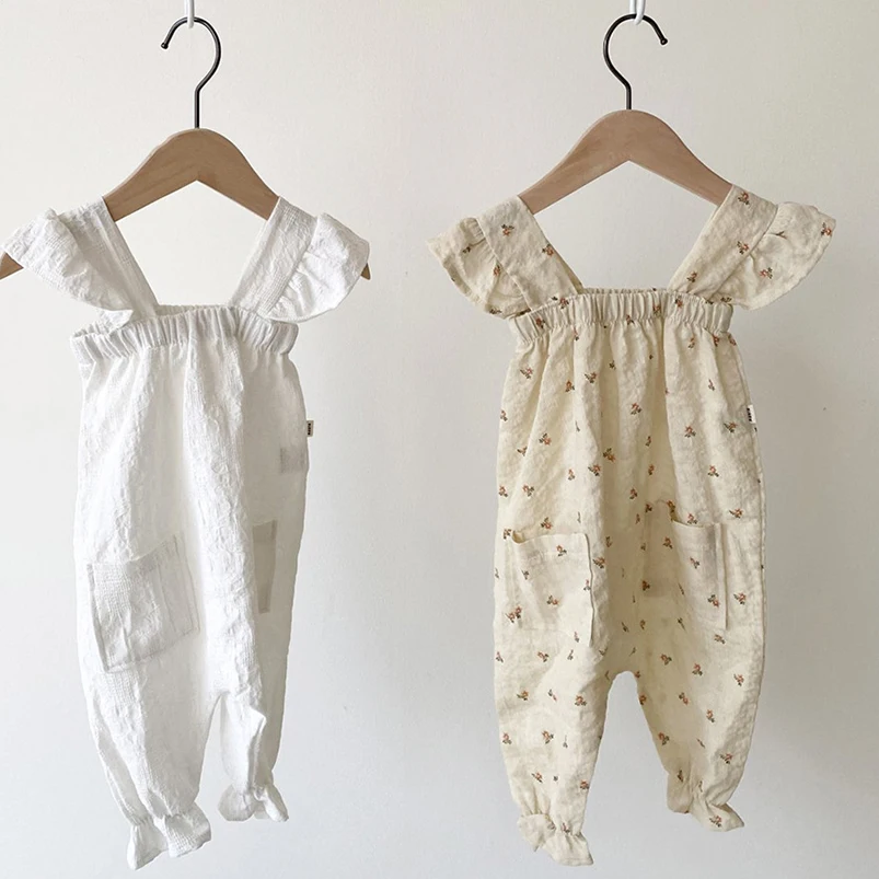 Vintage Ruffles Lace Girls Bodysuit Summer Linen Cotton Sleeveless Romper for Girls Clothes Toddler Girls Clothing Children Set