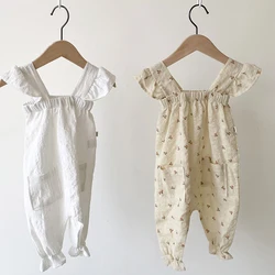 Vintage Ruffles Lace Girls Bodysuit Summer Linen Cotton Sleeveless Romper for Girls Clothes Toddler Girls Clothing Children Set