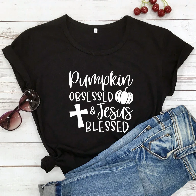 Pumpkin Obsessed & Jesus Blessed T-shirt Cute Thanksgiving Fall Tee Shirt Top Women Religious Christian Tshirt