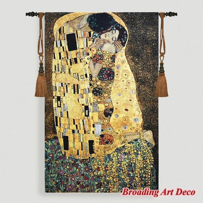 Gustav Klimt the Kiss (Golden) Tapestry Wall Hanging Jacquard Weave Gobelin Home Textile Art Decoration Aubusson Cotton 100%