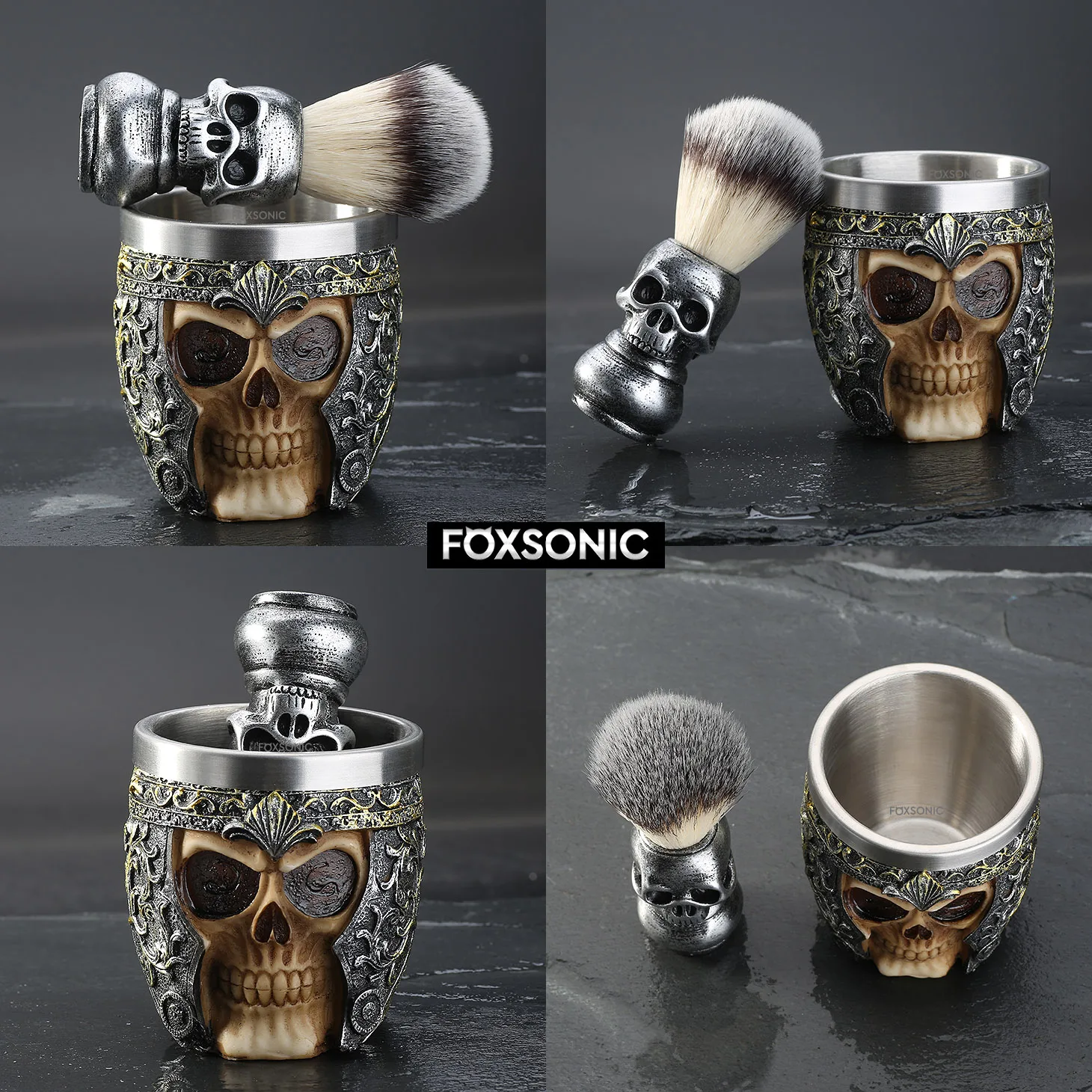 FOXSONIC Barber Salon Beard Shaving Set Skull Head Shaving Brush Set Hair Shaving Brush Kit for Men Halloween Gift