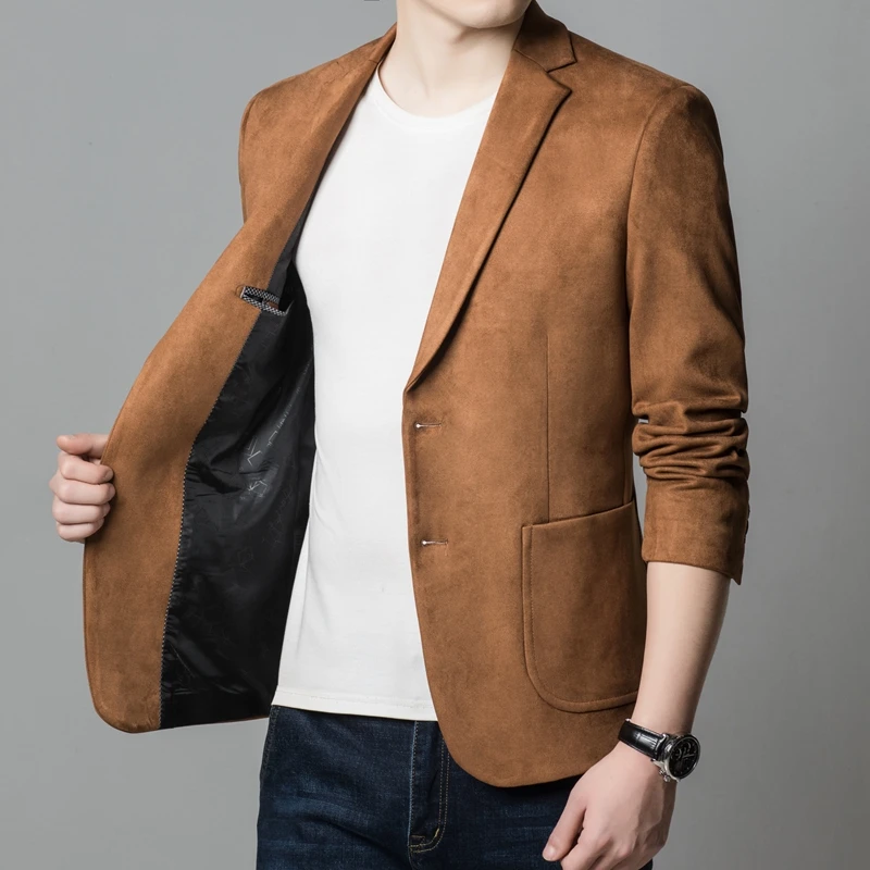 High Quality Khaki Velvet Americana Hombre Blazers Slim Fit Black Suede Leather Fashion Blazers Jackets Husband Clothing Trendy