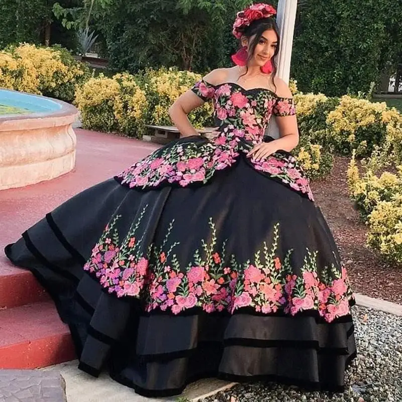 Sexy Black Spring 3D Floral Flowers Ball Gown Quinceanera Prom dresses 2021 Off Shoulder Cheap Evening Formal Gowns Sweet 16