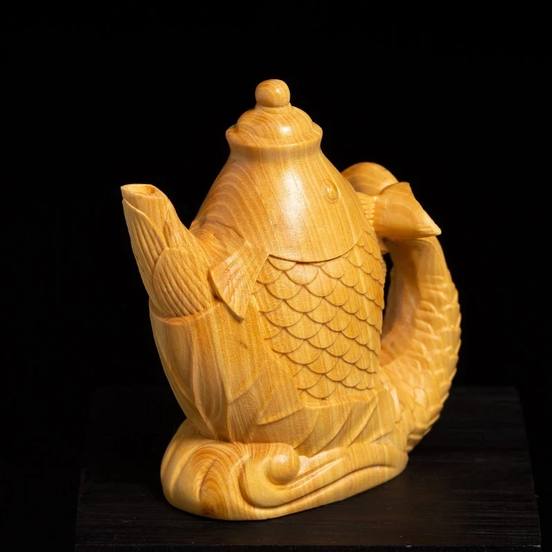 

Boxwood 8cm Carp Teapot Sculpture Feng Shui Solid Wood Rich Teapot Lucky Fish Animal Statue Tea Ceremony Home Decor