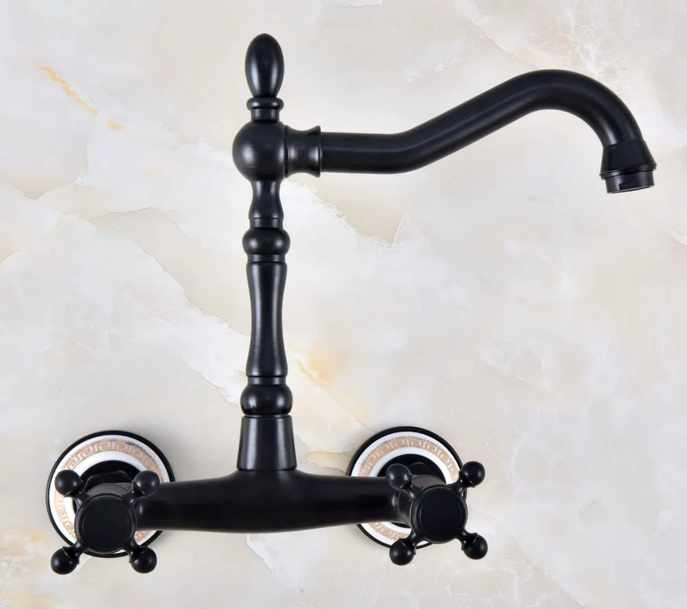 Black Oil Rubbed Bronze Ceramic Base Wall Mounted Bathroom Kitchen Sink Faucet Swivel Spout Mixer Tap Dual Cross Handles anf873