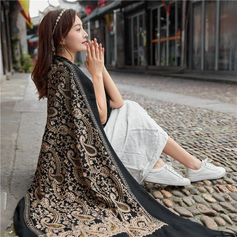 Shawls Women Autumn New Scarf Artificial Cashmere Wrap Pashmina Embroidery Flower Muslim hijab Muffler Tassels Echarpes