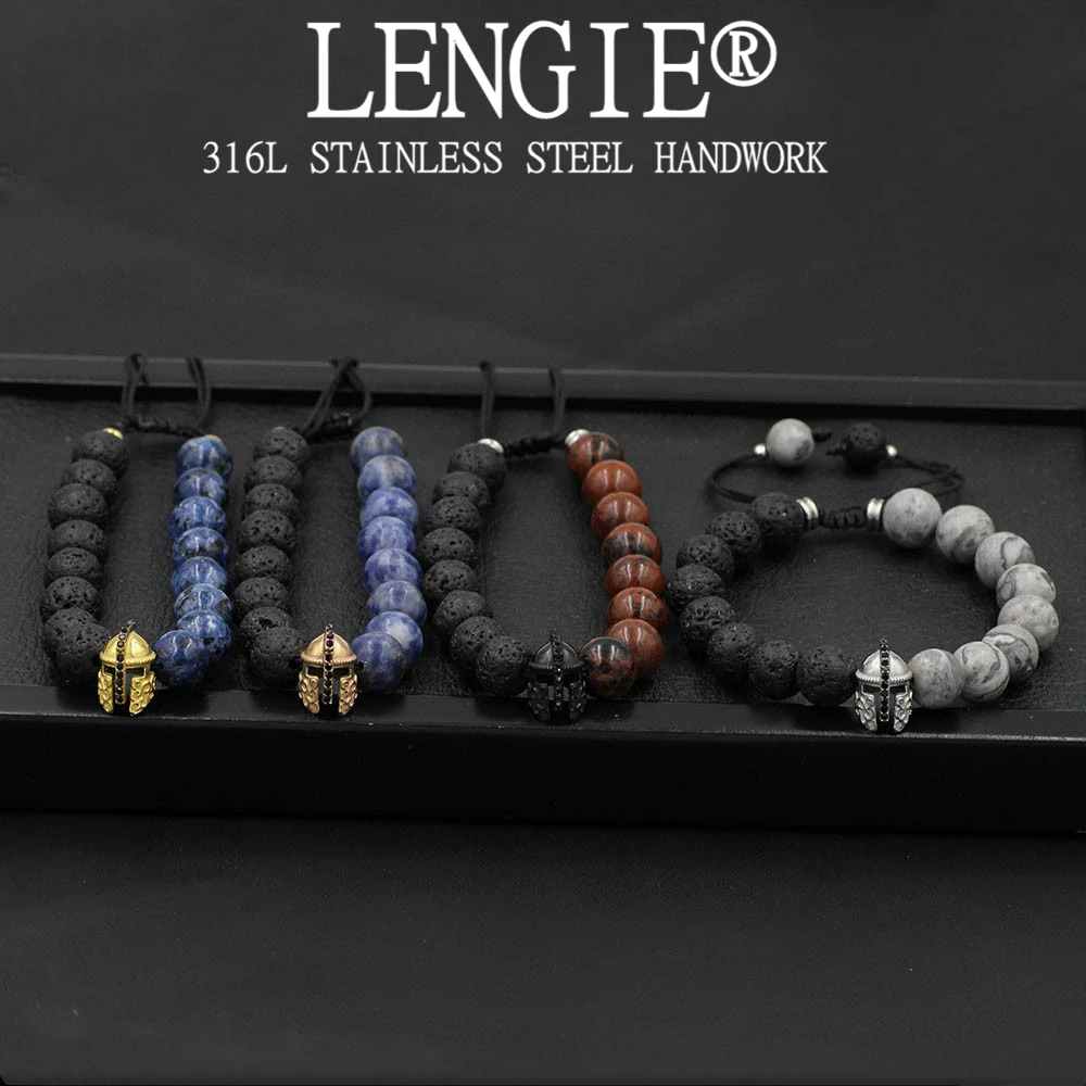 Lava Stone Beads Bracelet Stainless Steel Roman Knight Spartan Warrior Gladiator Helmet Strand Bracelets for Men Jewelry Hombres