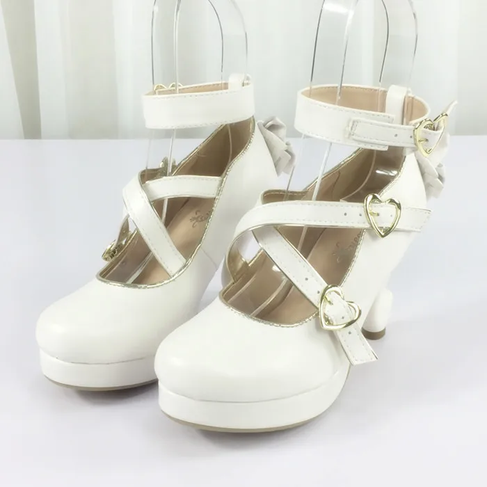 princess kawaii shoes tea party high heeled shoes cosplay loli Japanese vintage sweet lolita shoes cute bowknot cross strap