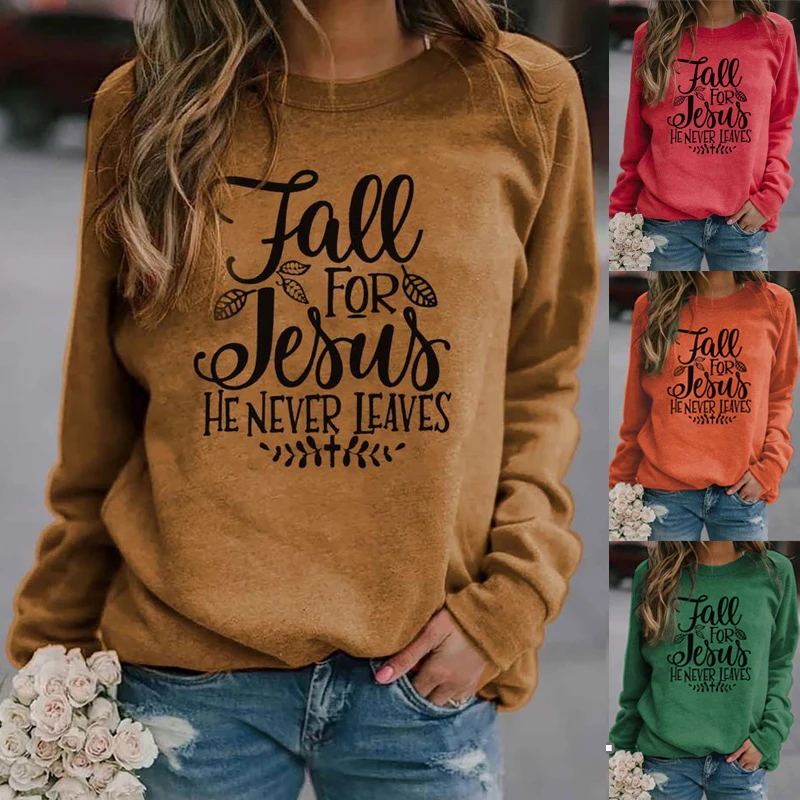 Plus Size Women's Fashion Casual Long Sleeve Tops T-shirt Ladies Round Neck Blouse (Fall For Jesus He Never Leaves)Print Sweatsh