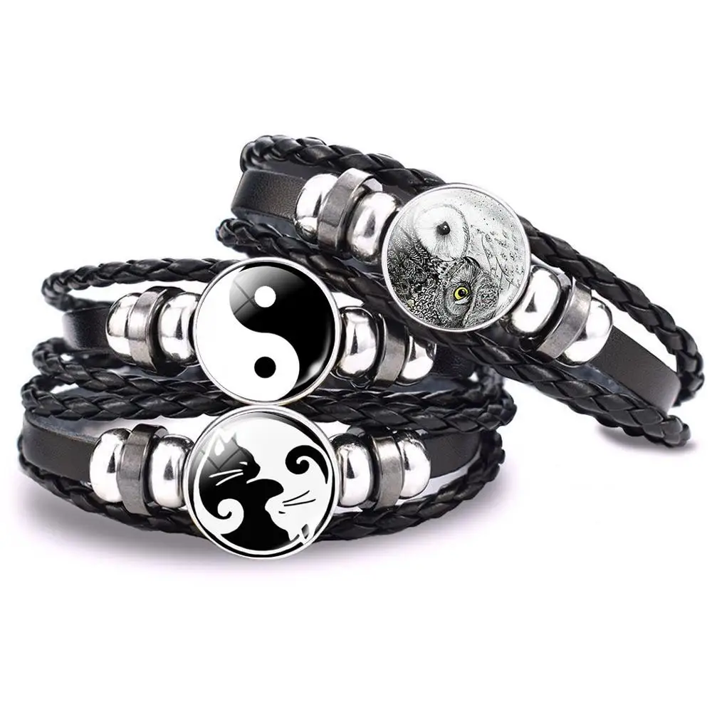Pulsera trenzada de cuero negro multicapa para hombres y mujeres, brazalete con cabujón de vidrio, Yin Yang, gato, Yin Yang, búho